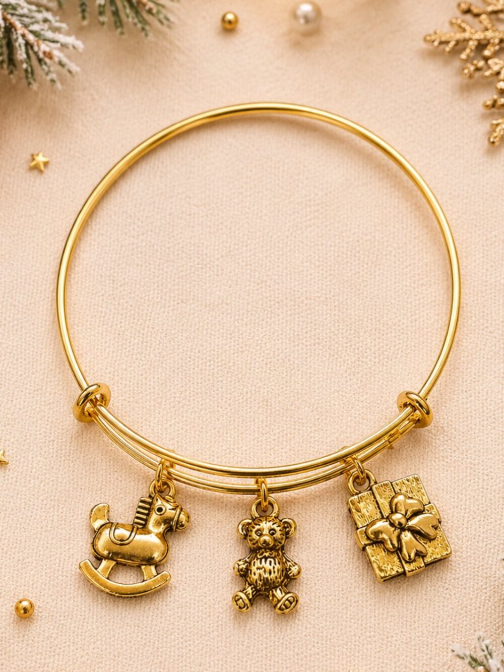 Gold Christmas Charm Bangle Bracelet Teddy Bear Rocking Horse Gift